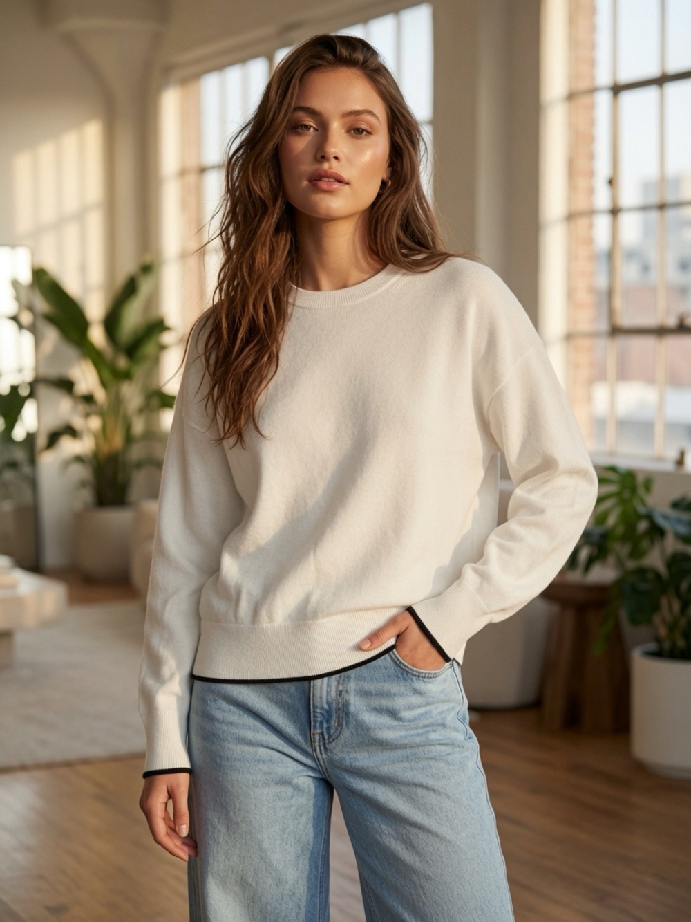 Madewell S Women’s Cream Crewneck Sweater Black Hem Knit 100% Merino Wool